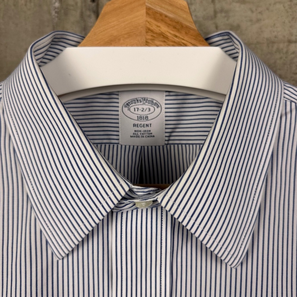 Brookss Brothers 1818 Regent Non-Iron Dress Shirt 17-2/3 Navy Stripe Cotton - Picture 2 of 8